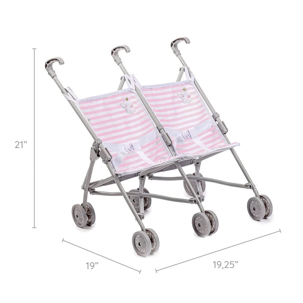 Nonis Boutique Twin Doll Stroller - Pink Elephant Double Umbrella Stroller for Dolls & Plush Toys