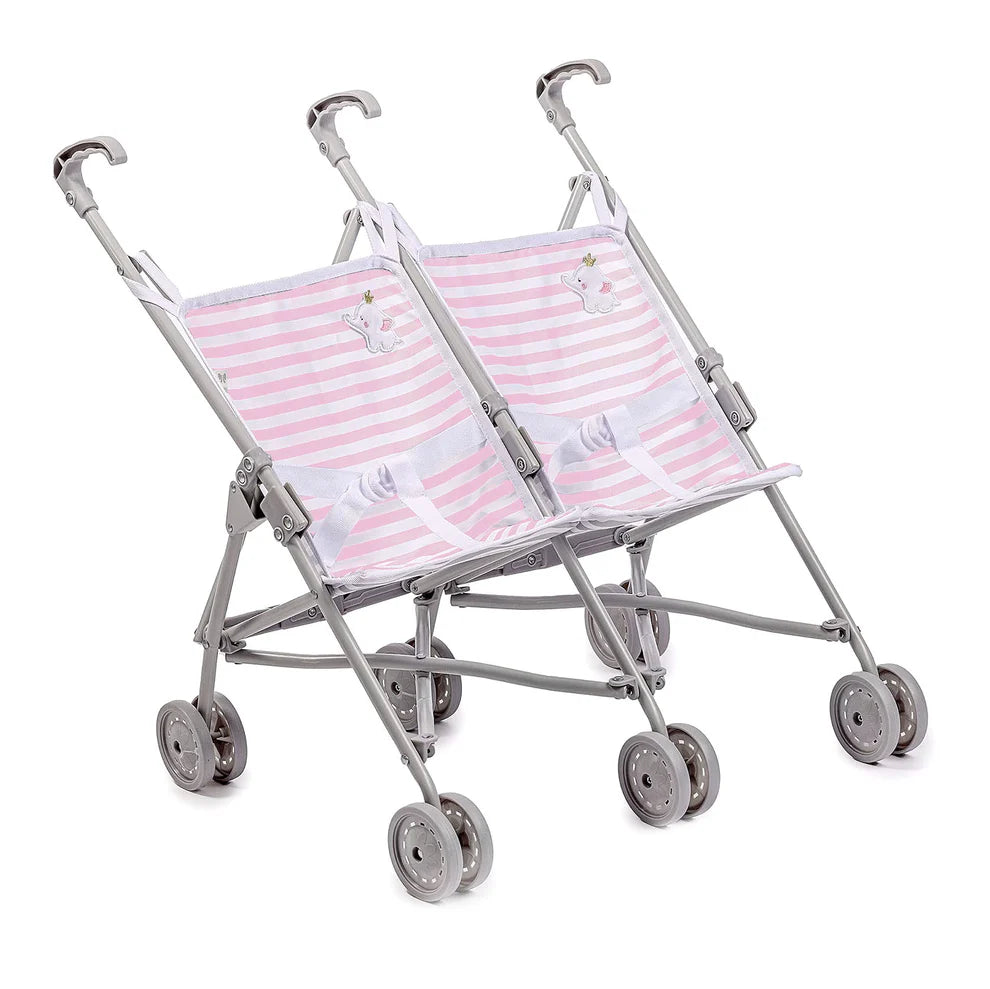 Nonis Boutique Twin Doll Stroller - Pink Elephant Double Umbrella Stroller for Dolls & Plush Toys