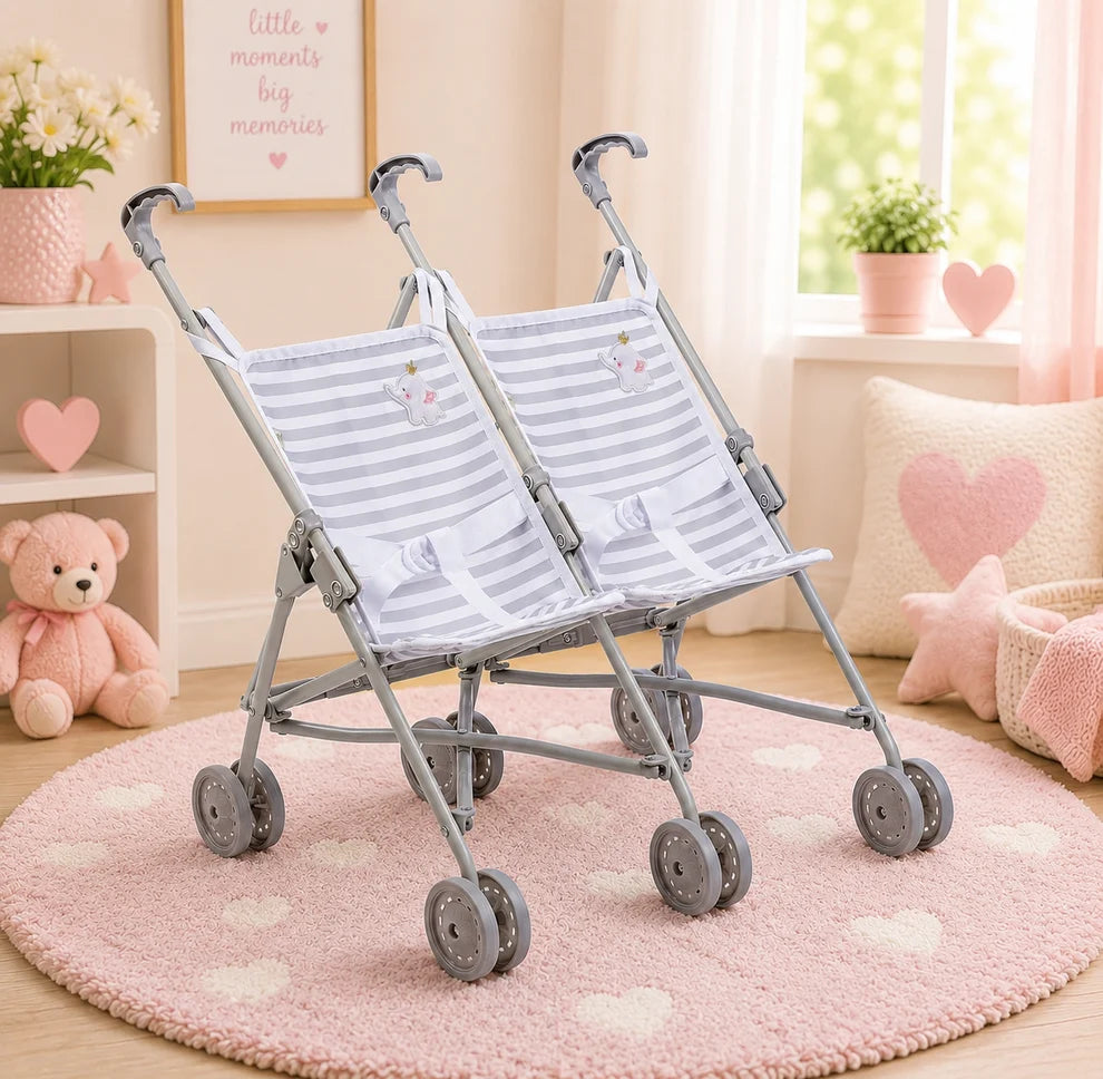 JC Toys Nonis Boutique Twin Doll Stroller - Grey Elephant Double Stroller