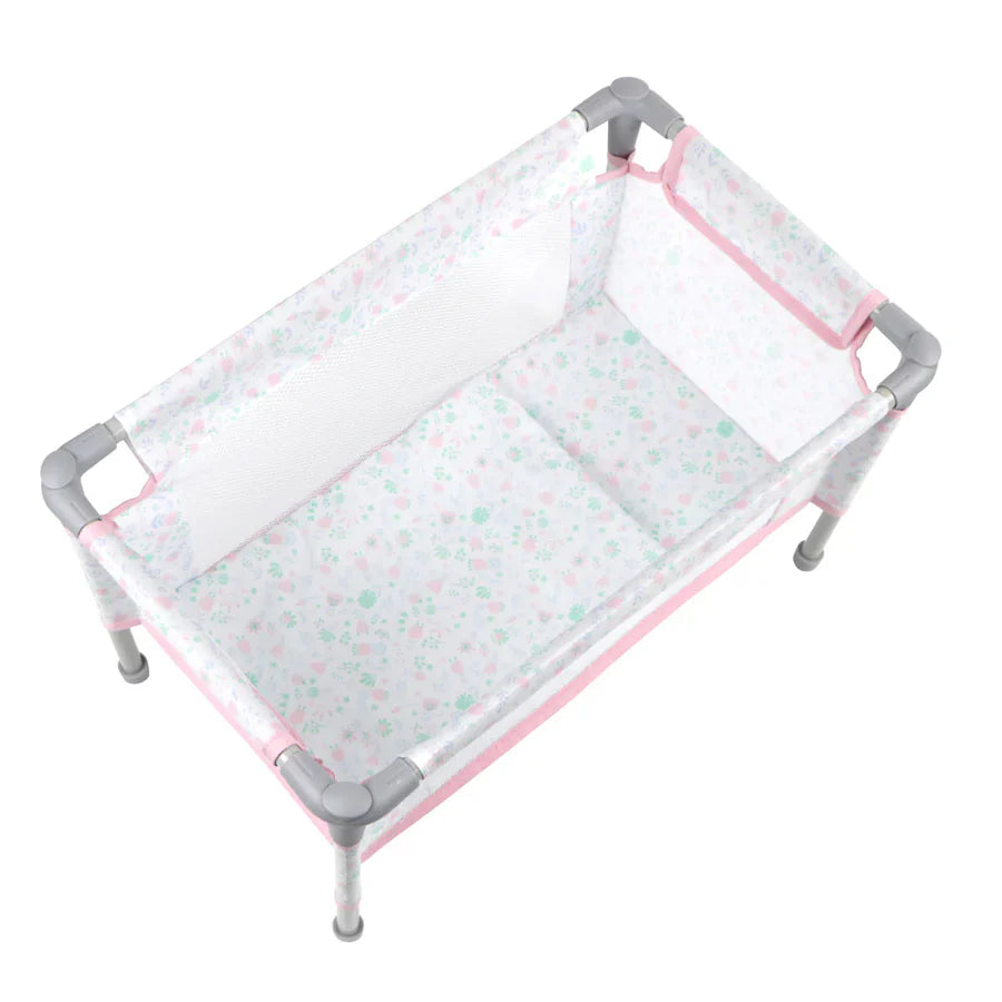 Folding Doll Crib & Playpen for Dolls Up to 18" - Portable Pink Floral Travel Nursery Set with Carry Bag & Bedding Accessories