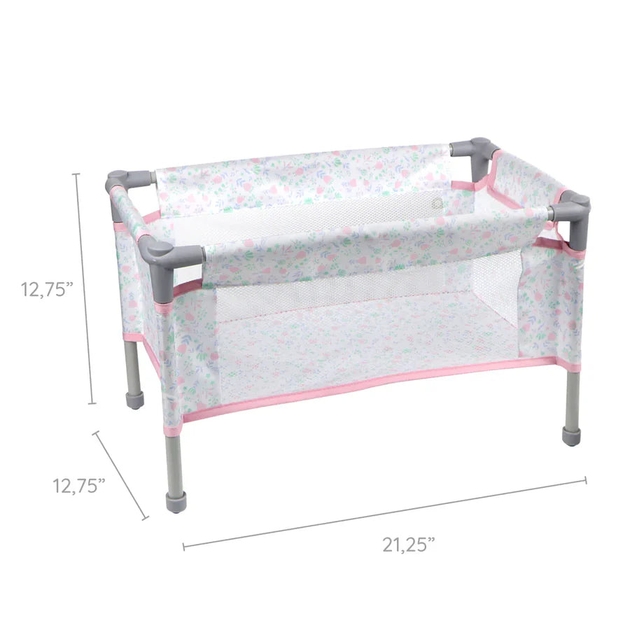 Folding Doll Crib & Playpen for Dolls Up to 18" - Portable Pink Floral Travel Nursery Set with Carry Bag & Bedding Accessories