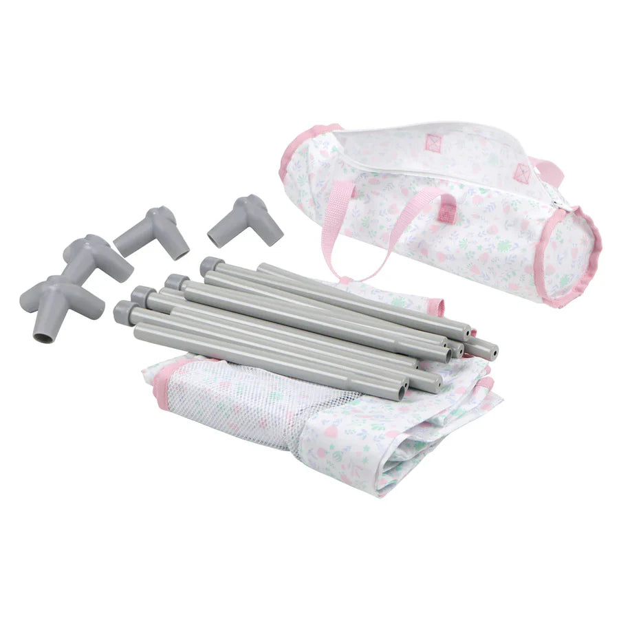 Folding Doll Crib & Playpen for Dolls Up to 18" - Portable Pink Floral Travel Nursery Set with Carry Bag & Bedding Accessories