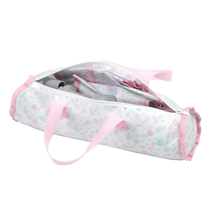 Folding Doll Crib & Playpen for Dolls Up to 18" - Portable Pink Floral Travel Nursery Set with Carry Bag & Bedding Accessories