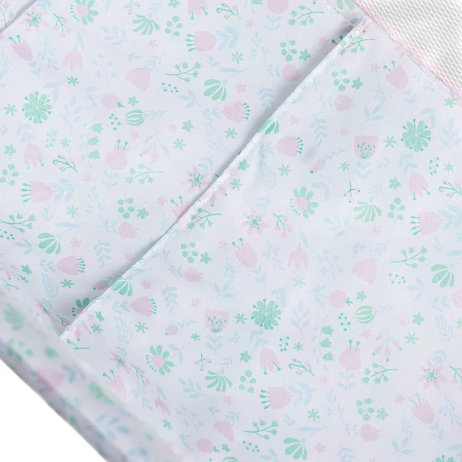 Folding Doll Crib & Playpen for Dolls Up to 18" - Portable Pink Floral Travel Nursery Set with Carry Bag & Bedding Accessories