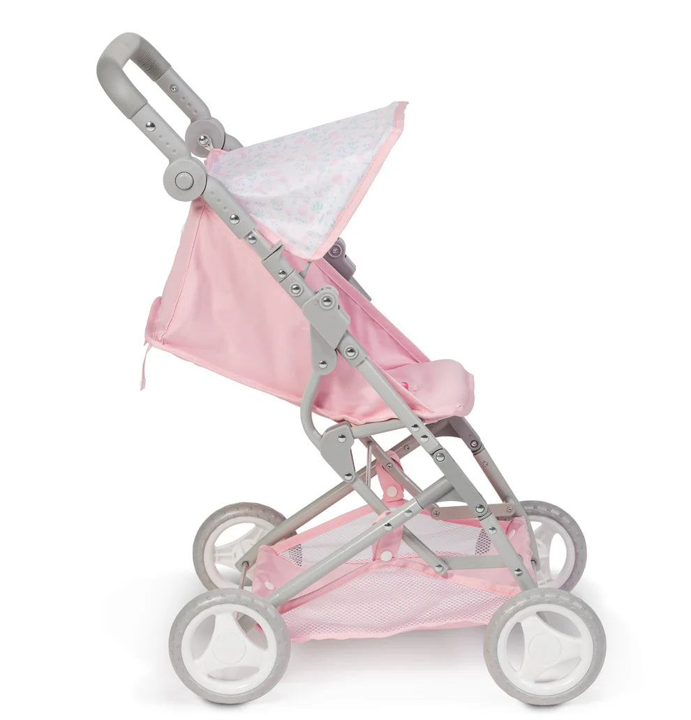 Boutique Pink Jogger Doll Stroller- Floral Folding Doll Pram with Sun Canopy, Storage Basket & Seat Belt for Dolls