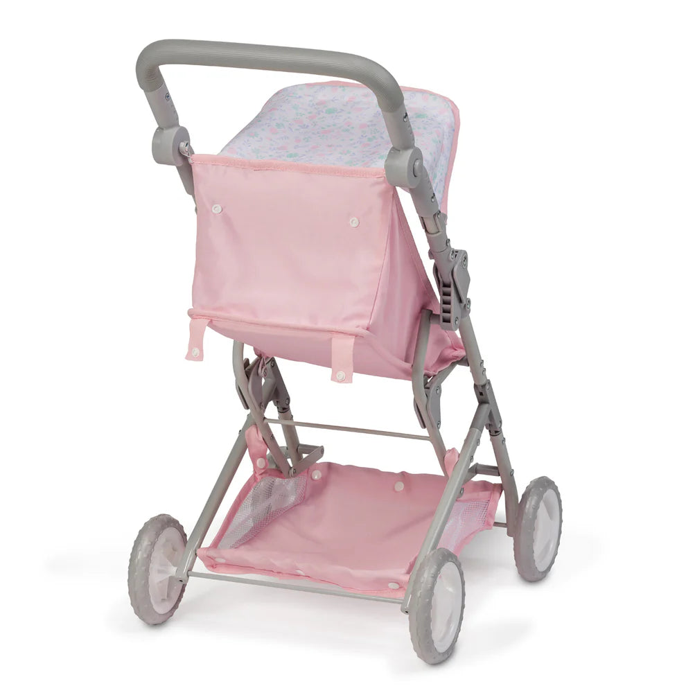 Boutique Pink Jogger Doll Stroller- Floral Folding Doll Pram with Sun Canopy, Storage Basket & Seat Belt for Dolls