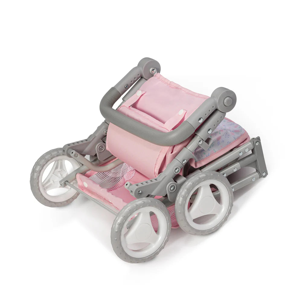 Boutique Pink Jogger Doll Stroller- Floral Folding Doll Pram with Sun Canopy, Storage Basket & Seat Belt for Dolls