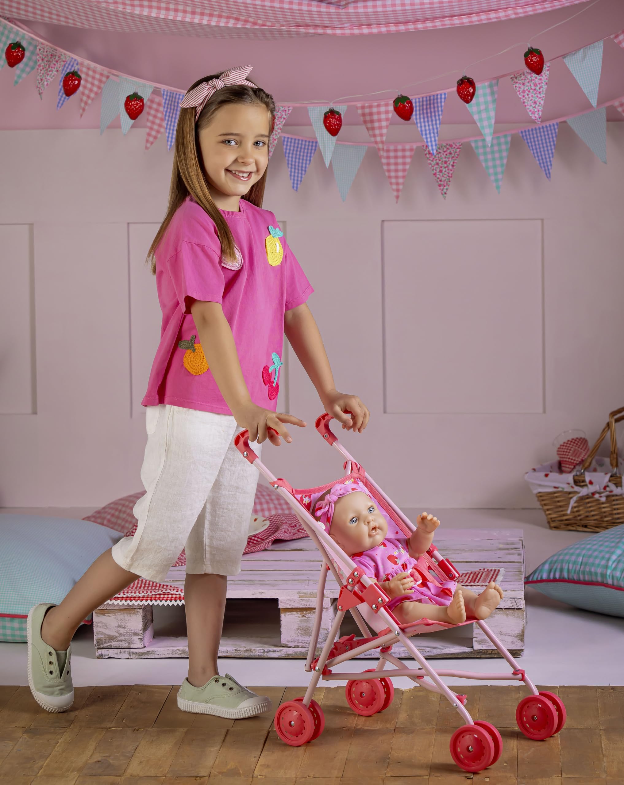 Missy Kissy Folding Doll Stroller Pink Strawberry Print