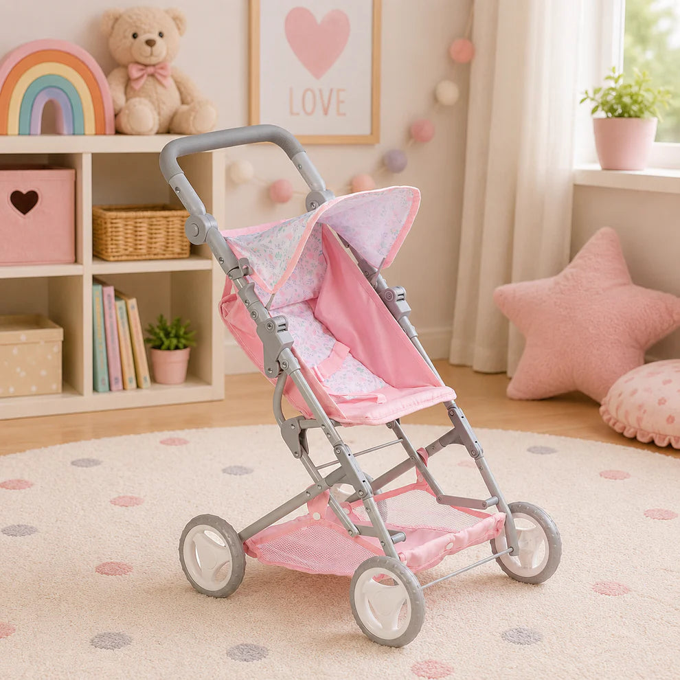 Boutique Pink Jogger Doll Stroller- Floral Folding Doll Pram with Sun Canopy, Storage Basket & Seat Belt for Dolls
