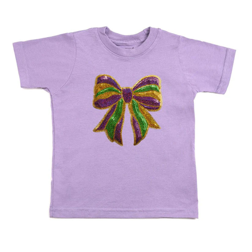 Mardi Gras Sequin Bow Patch Short Sleeve T-shirt Lavender