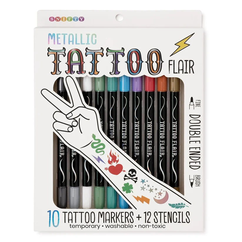 Metallic Tattoo Flair 10 Tattoo Markers + 12 Stencils