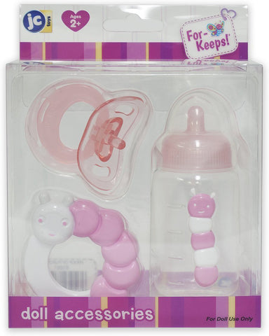 JC Toys 3-Piece PINK Accessory Gift Set includes Bottle, Pacifier, and Rattle Fits Most Dolls