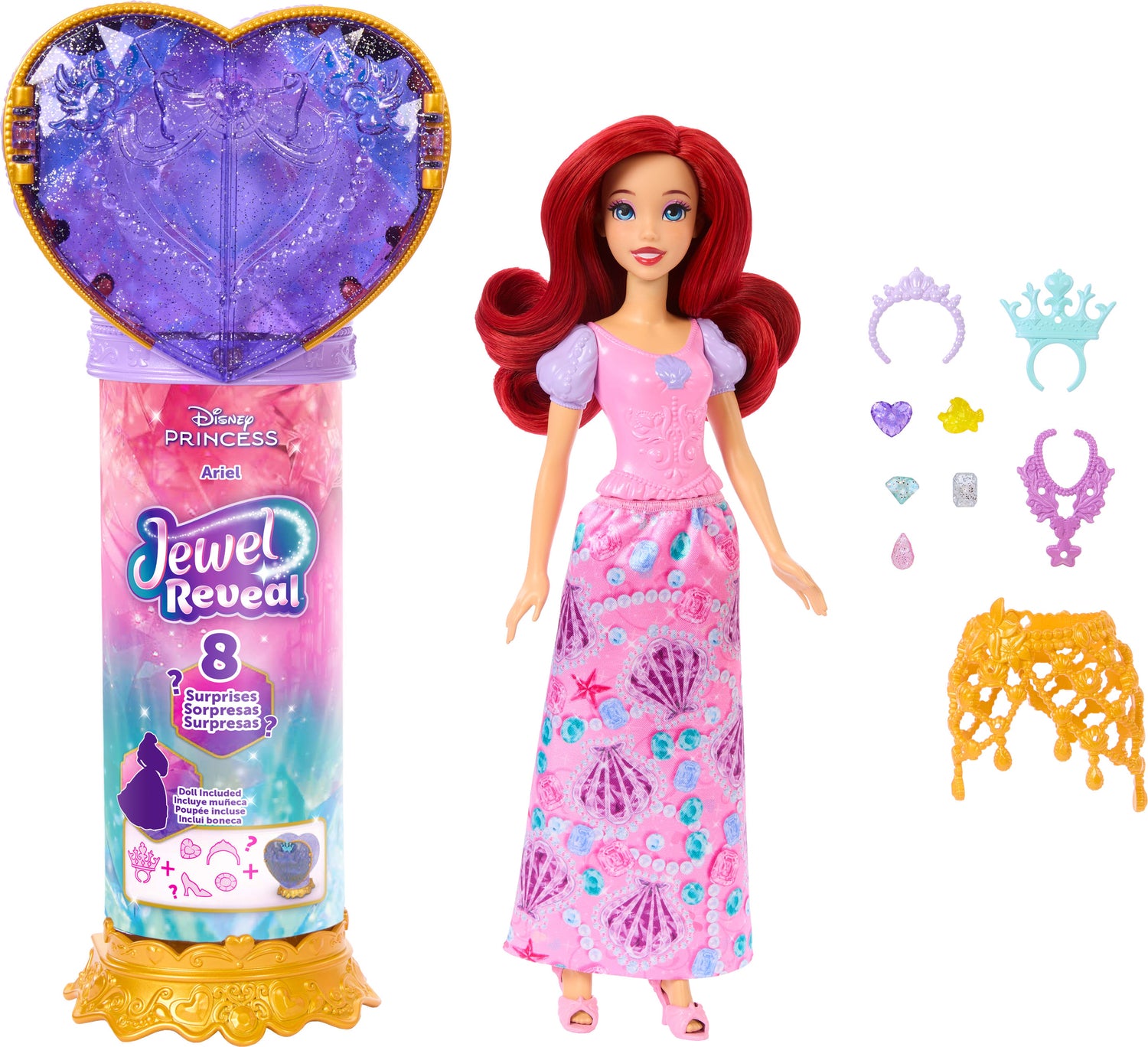 Disney Princess Jewel Reveal Ariel Fashion Doll w/ 8 Surprises Including Gem Box & 10 Accessories