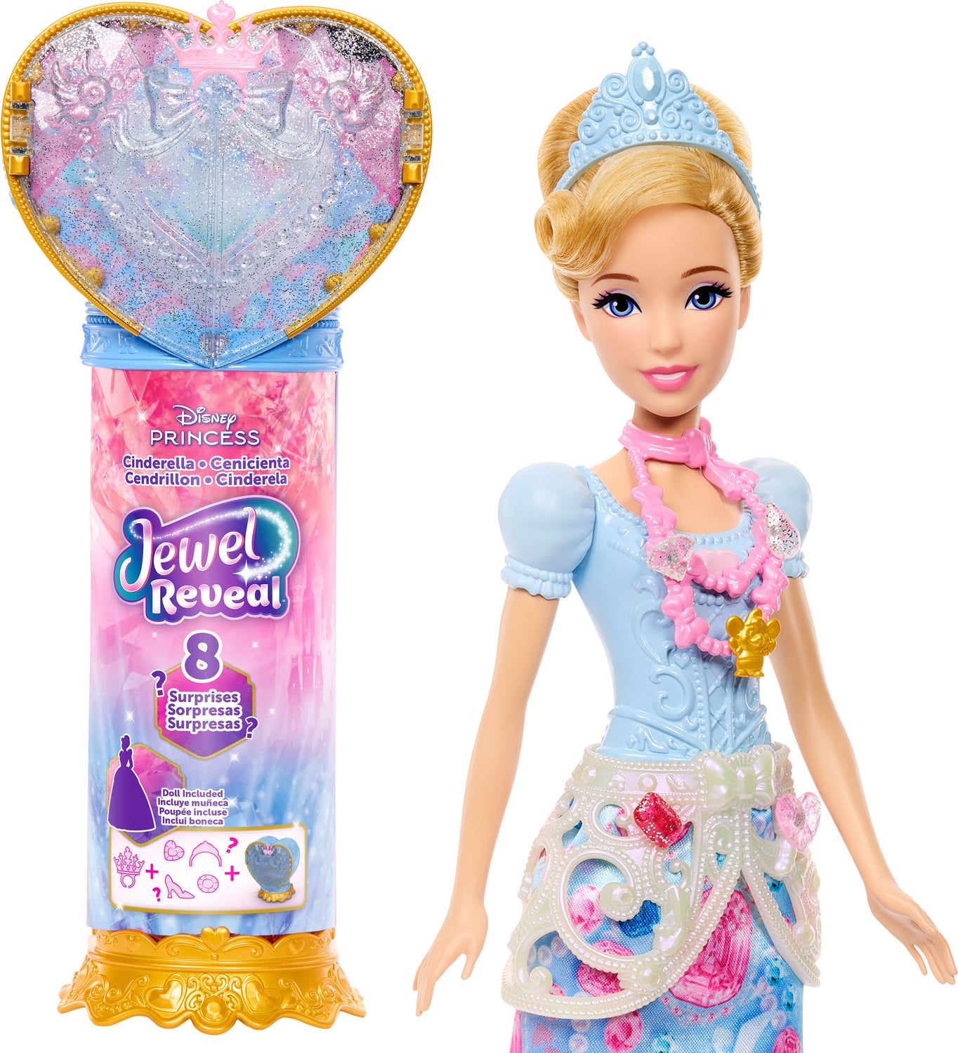 Disney Princess Jewel Reveal Cinderella Fashion Doll w/ 8 Surprises Including Gem Box & Accessories