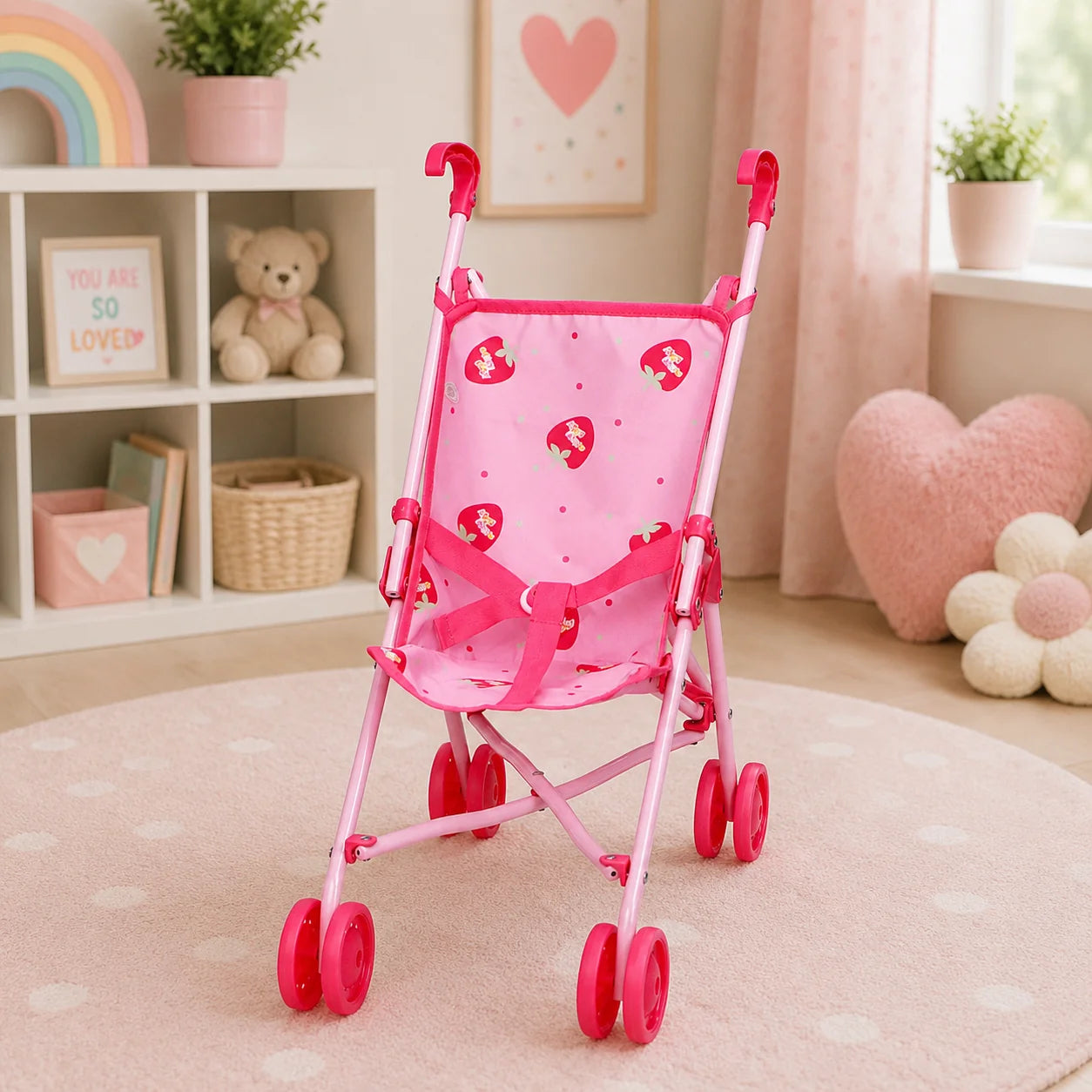 Missy Kissy Folding Doll Stroller Pink Strawberry Print