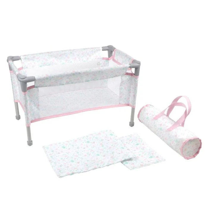 Folding Doll Crib & Playpen for Dolls Up to 18" - Portable Pink Floral Travel Nursery Set with Carry Bag & Bedding Accessories