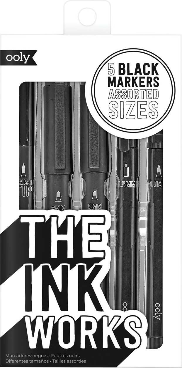 The Ink Works 5 Black Markers Assorted Sizes