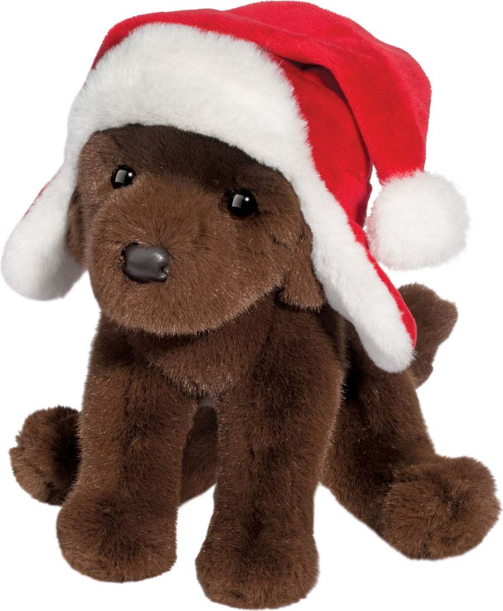 Chocolate Lab with Santa Bomber Hat